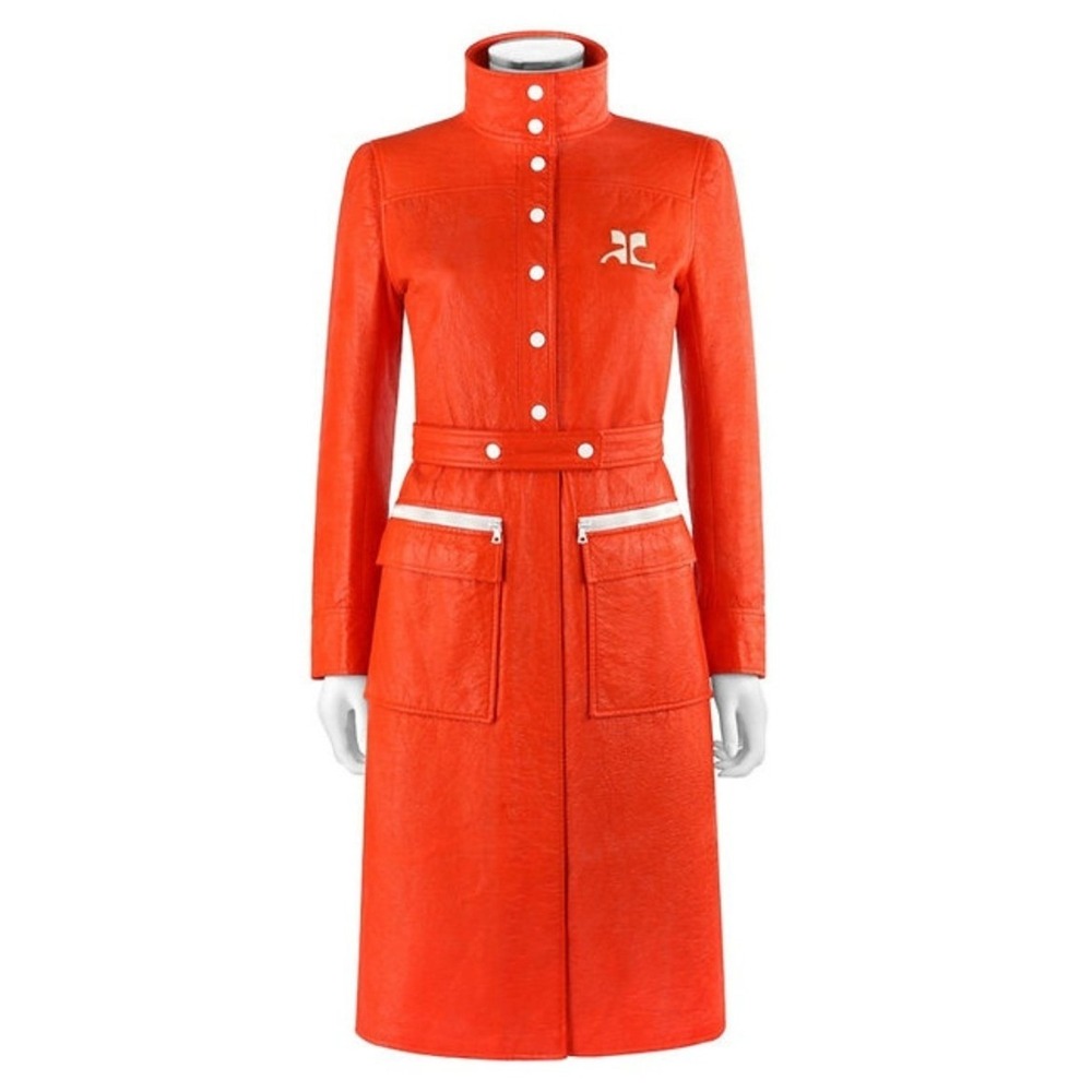 Vintage 1960s Andre Courreges Bright Orange Vinyl Trench Coat Oversized Logo
